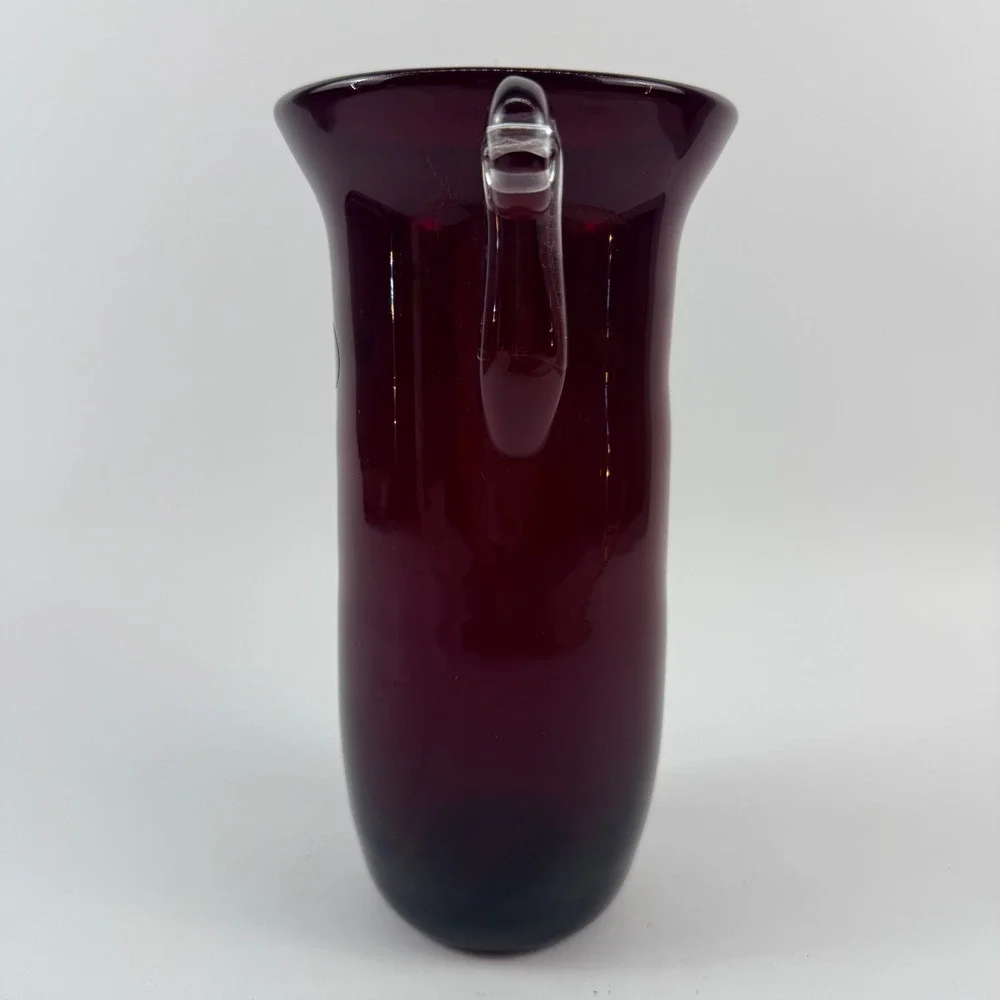 Blenko Ruby Red Glass Vase Non-Catalog Applied Clear Scroll Handles Silver Label